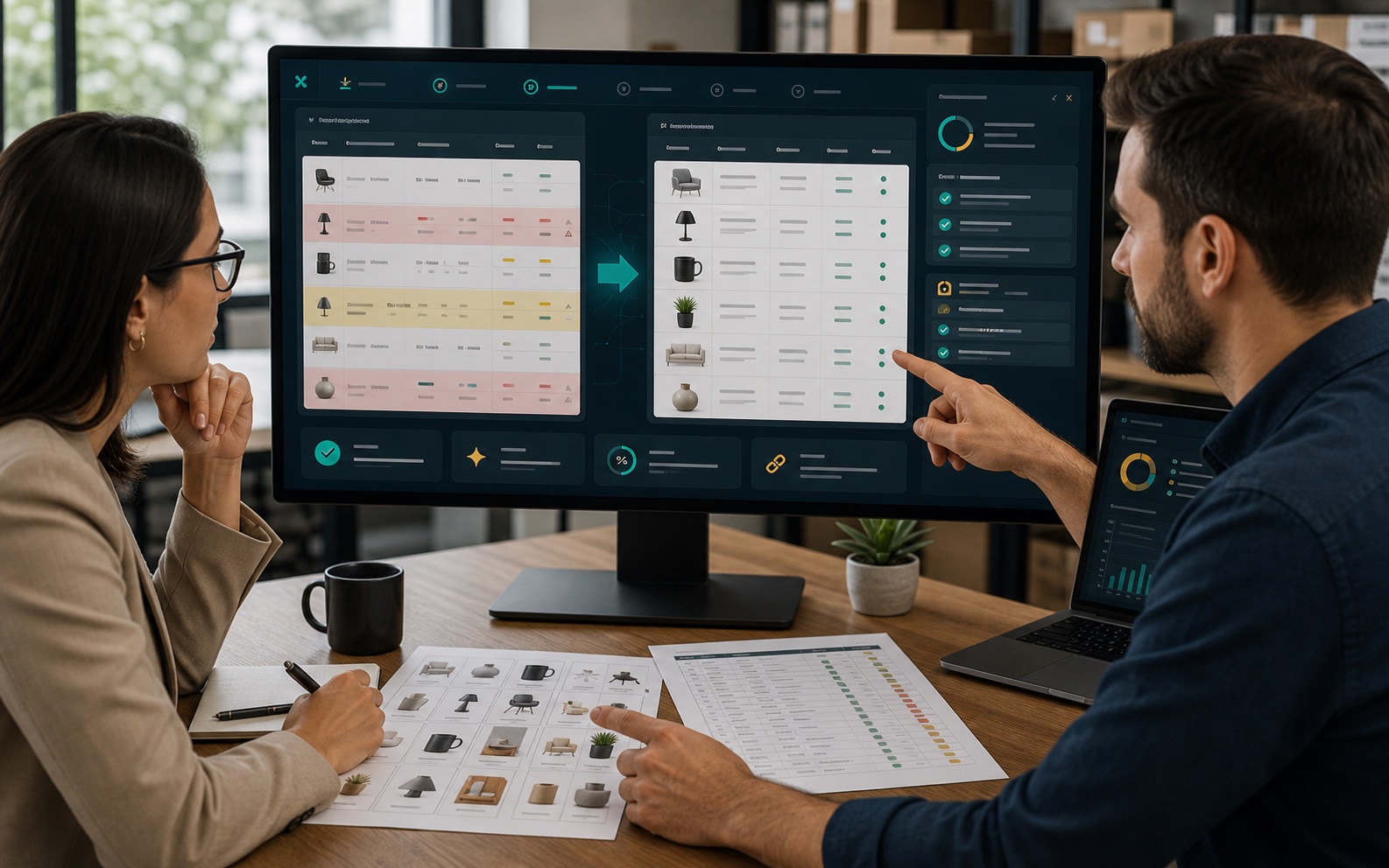 Katalogmitarbeiter vergleichen inkonsistente Produktdaten mit einer standardisierten Version.